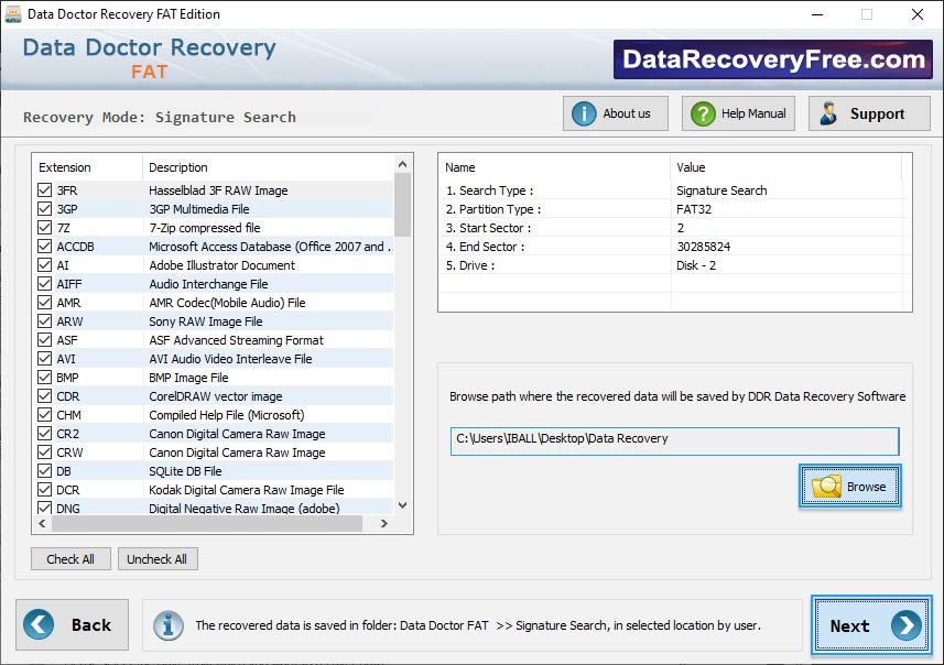 Browse path to save recovered data