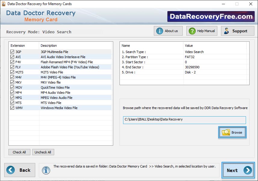 Browse path to save recovered data